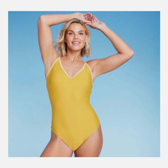 Women's Shell Stitch Bralette One Piece Swimsuit - Shade & Shore Yellow XS - Picture 4 of 5